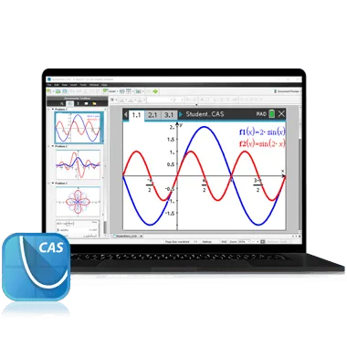 TI-Nspire CX CAS Student Software interface on a laptop, graphing sine functions, Underwood Distributing Co.