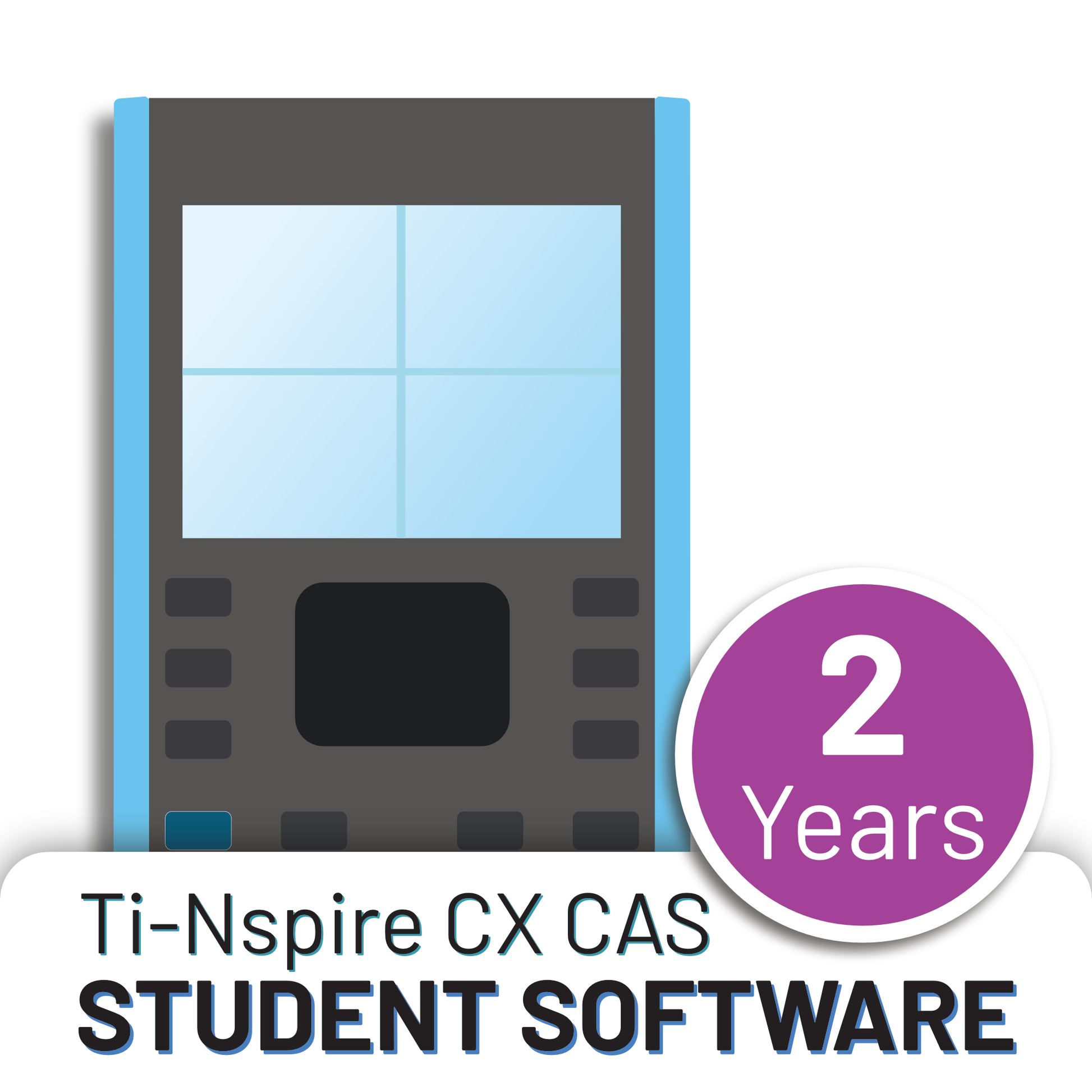 Ti-Nspire CX CAS student software illustration with 2 years purple badge, Underwood Distributing