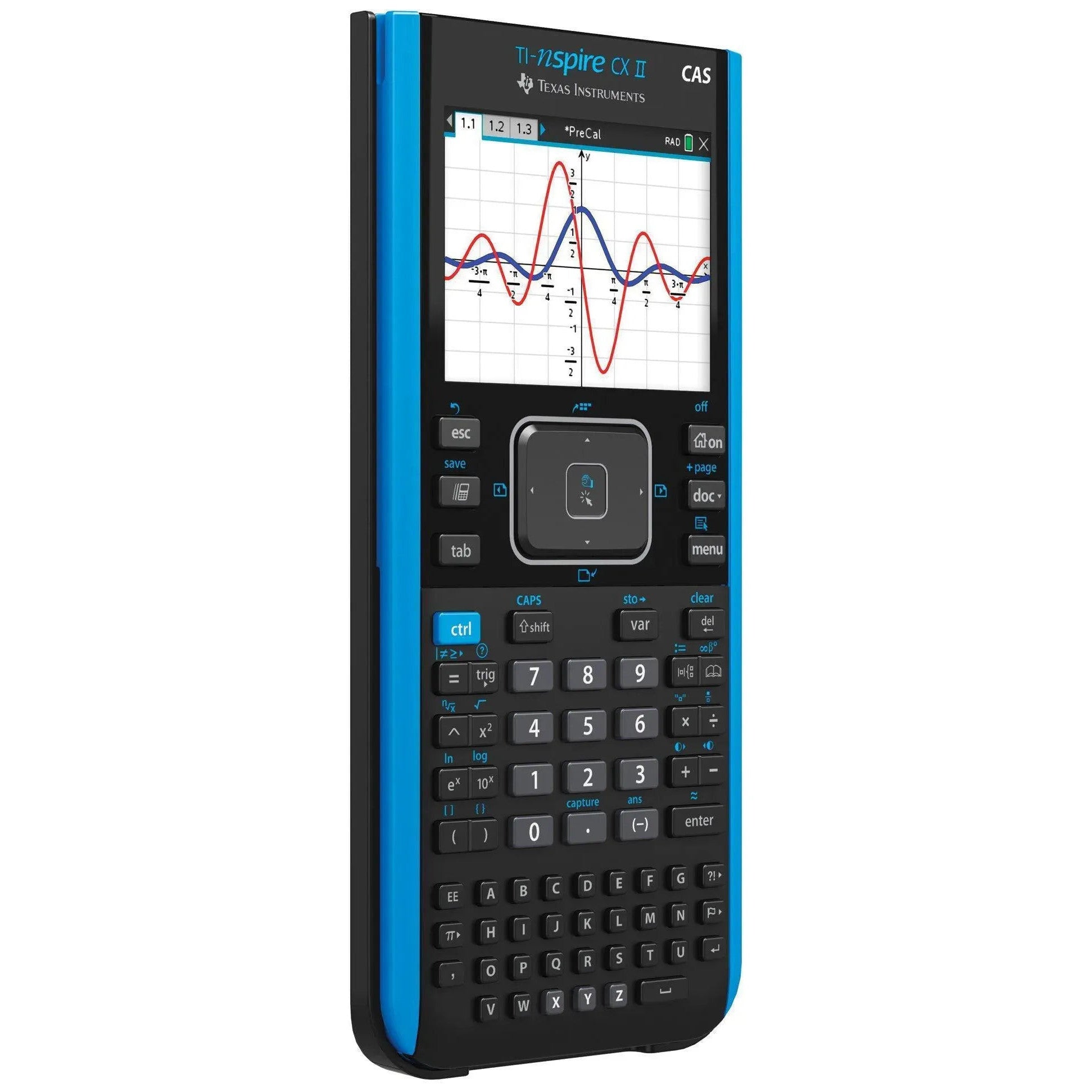 TI-Nspire CX II CAS graphing calculator with color screen displaying math graphs, sold by Underwood Distributing Co.