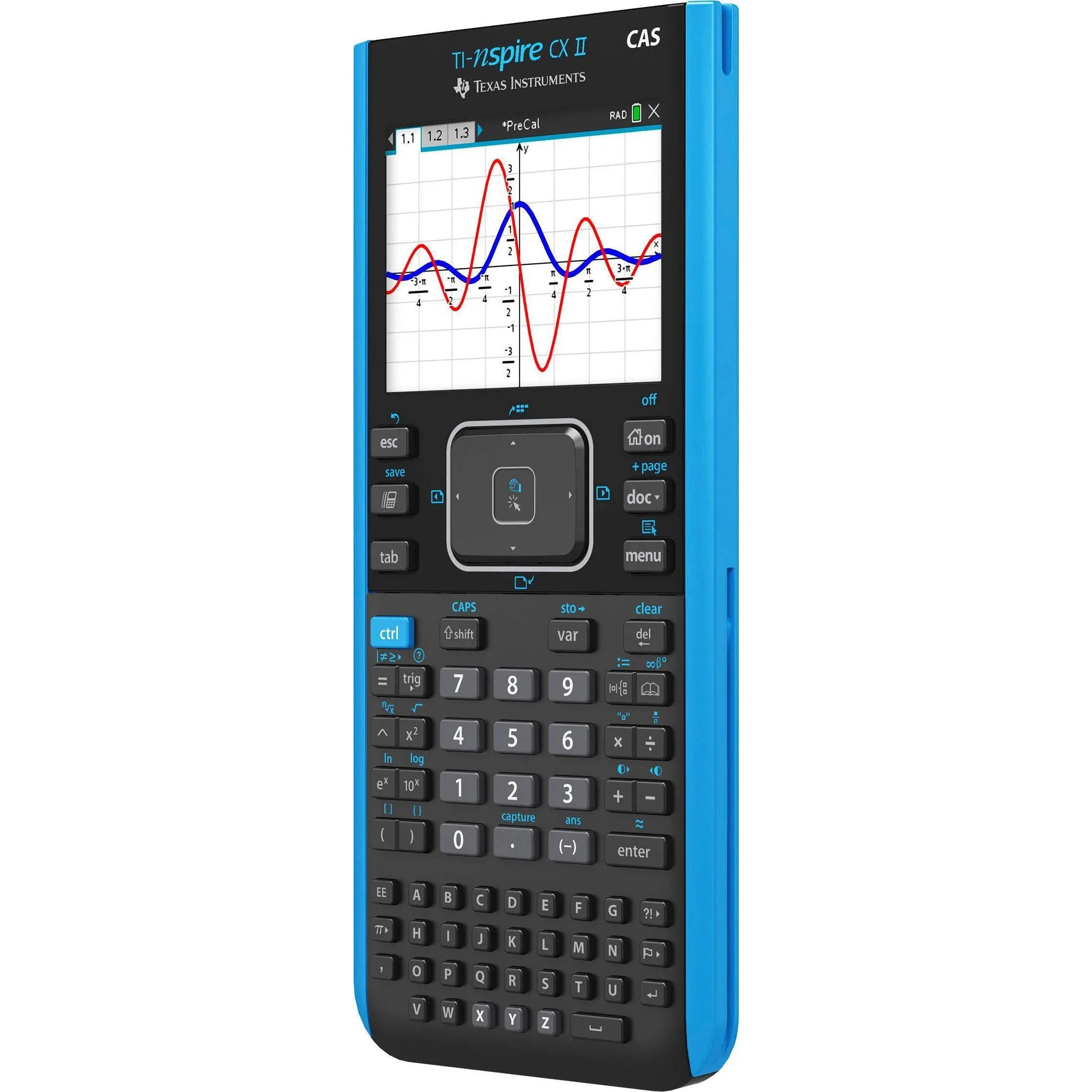 Texas Instruments TI-Nspire CX II CAS graphing calculator with color graph display, blue trim