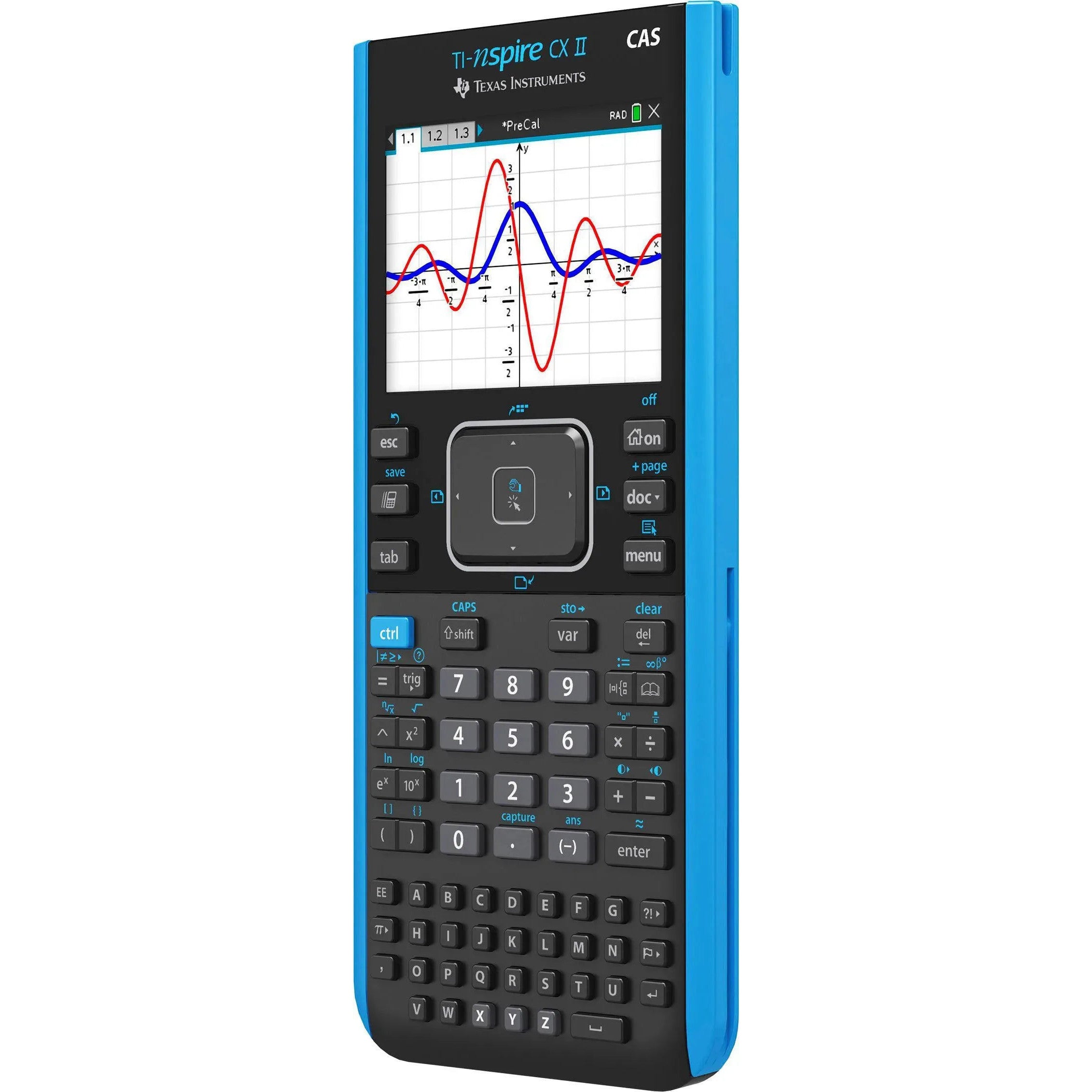 Texas Instruments TI-Nspire CX II CAS graphing calculator with color graph display, blue trim