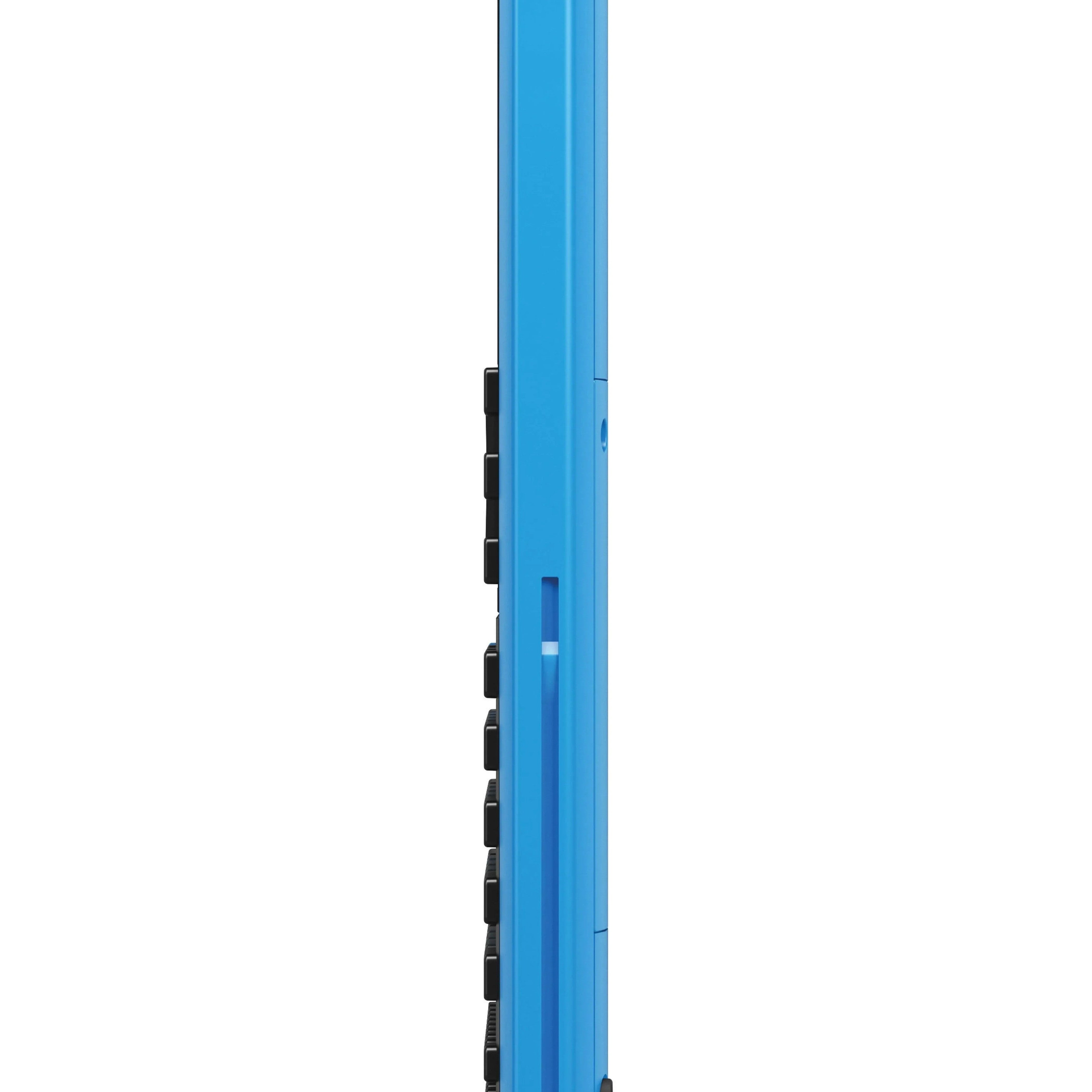 Side view of a blue TI-Nspire CX II CAS graphing calculator from Underwood Distributing Co.