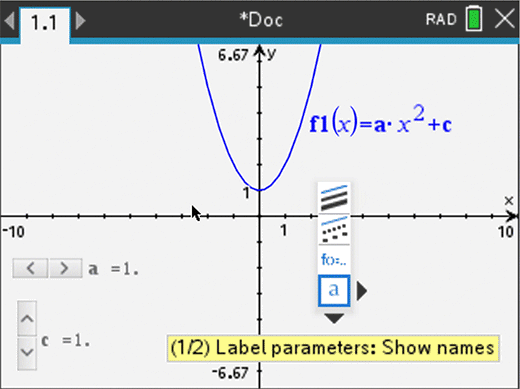 TI-Nspire CX II CAS graphing calculator screen showing quadratic function graph and parameter labels