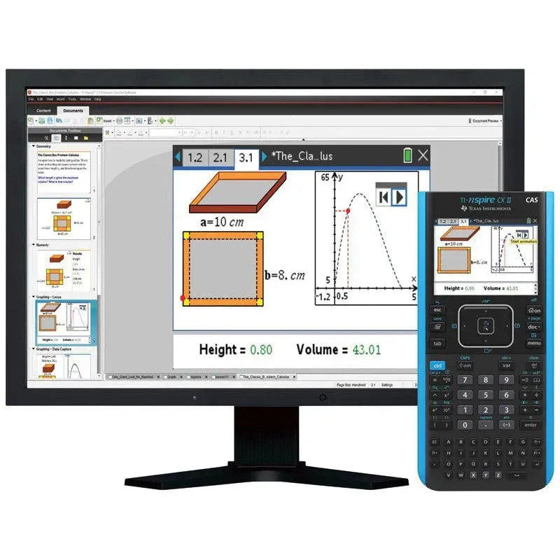 TI-Nspire CX II CAS graphing calculator and classroom software on monitor, Texas Instruments dealer