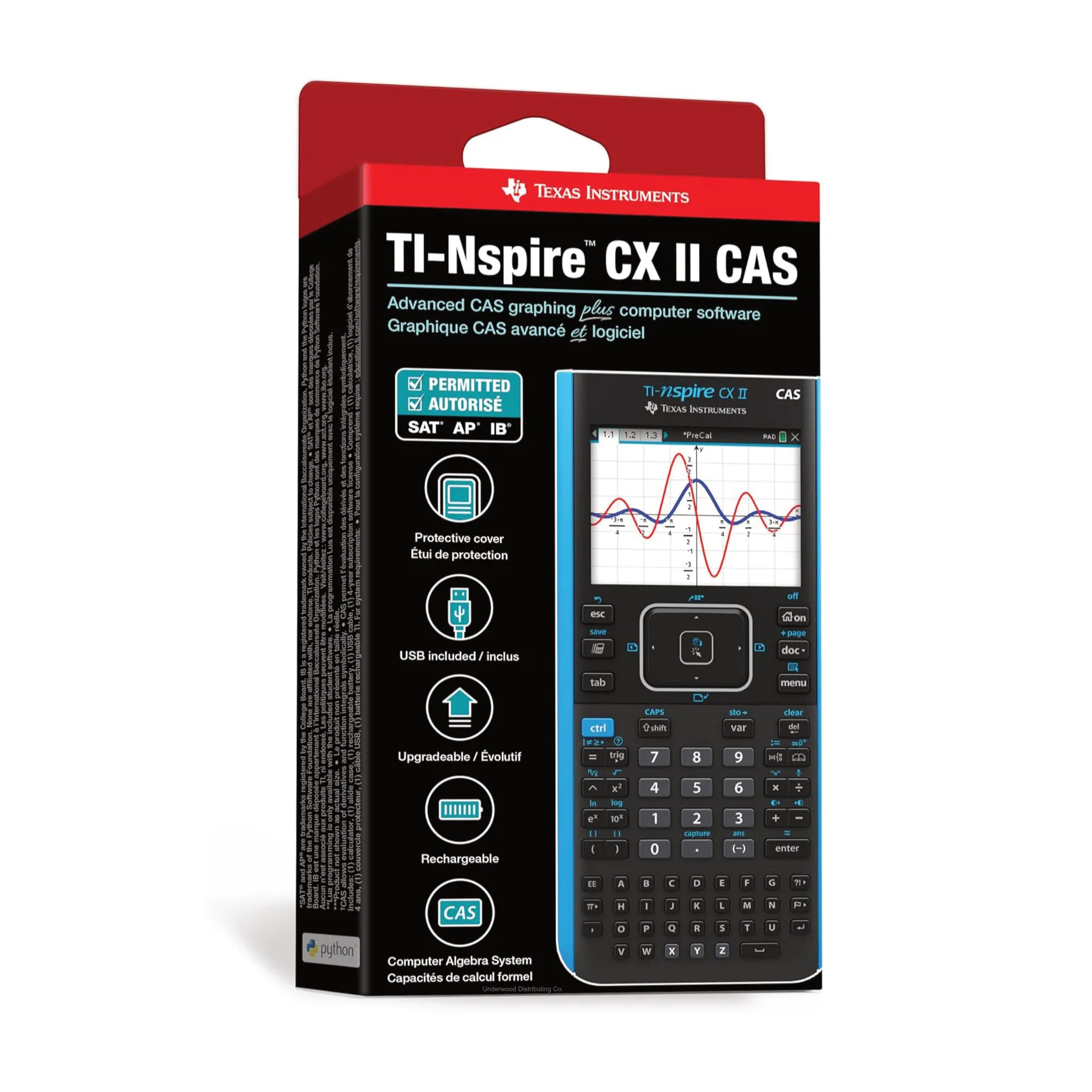 Texas Instruments TI-Nspire CX II CAS graphing calculator in retail packaging from Underwood Distributing Co.