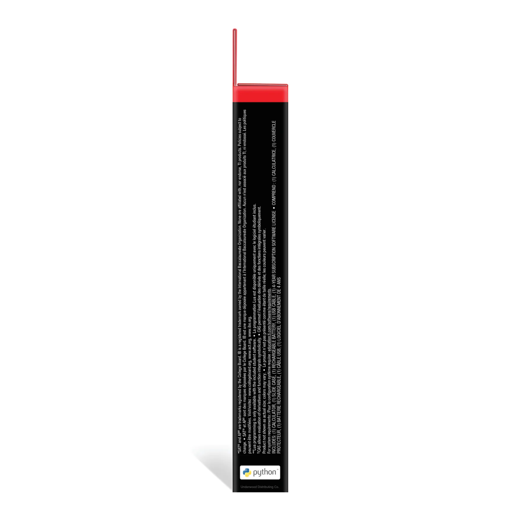 Side view of TI-Nspire CX II CAS graphing calculator retail box, Underwood Distributing Co.
