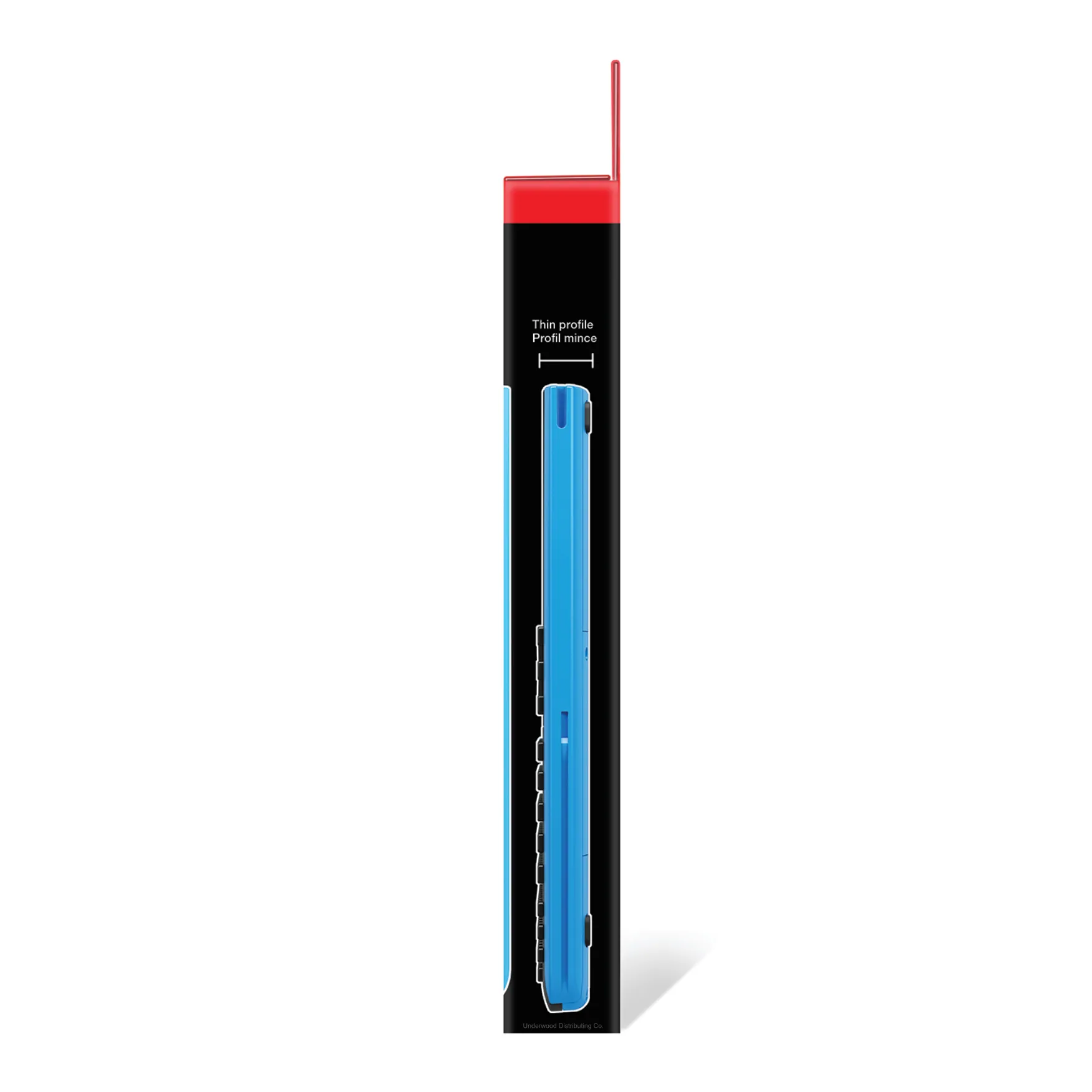 Side view of blue TI-Nspire CX II CAS graphing calculator in retail packaging from Underwood Distributing Co.