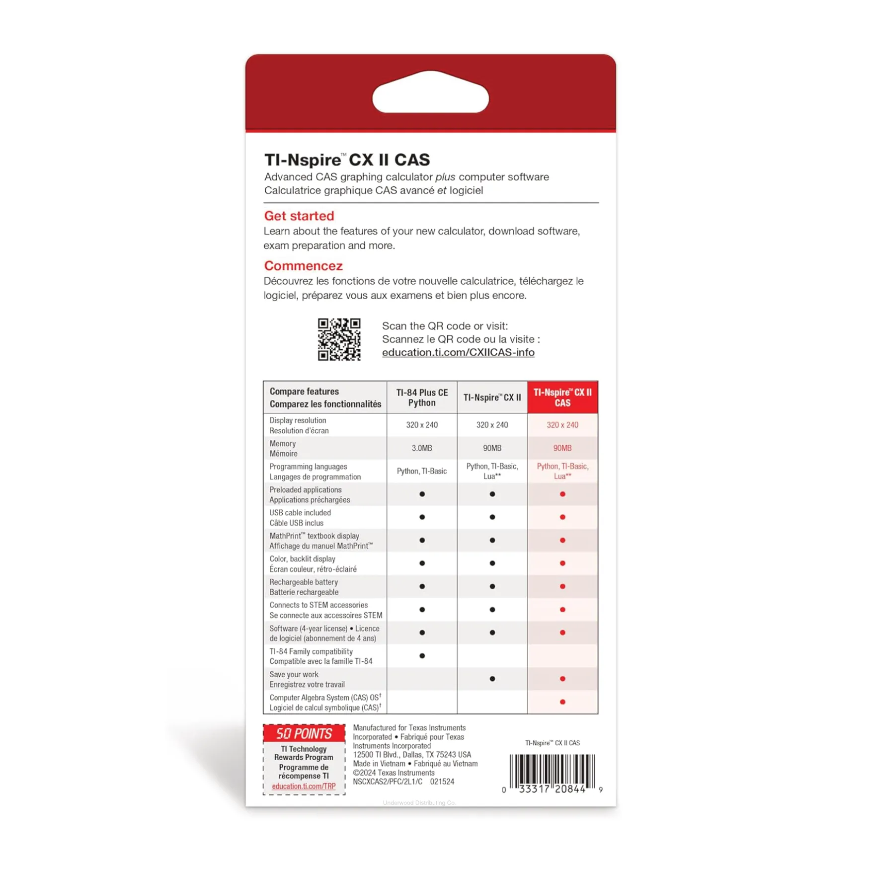 Back of Texas Instruments TI-Nspire CX II CAS calculator packaging sold by Underwood Distributing Co.