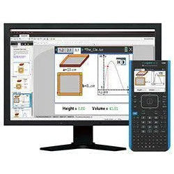 TI-Nspire CX II CAS graphing calculator with teacher software displayed on a monitor, Underwood Distributing Co.