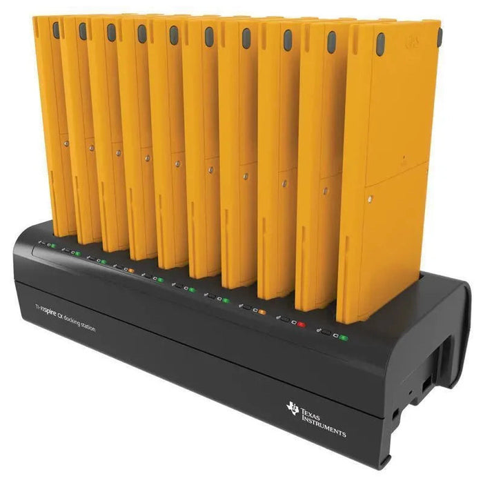 Texas Instruments TI-Nspire CX II graphing calculators in yellow charging on docking station
