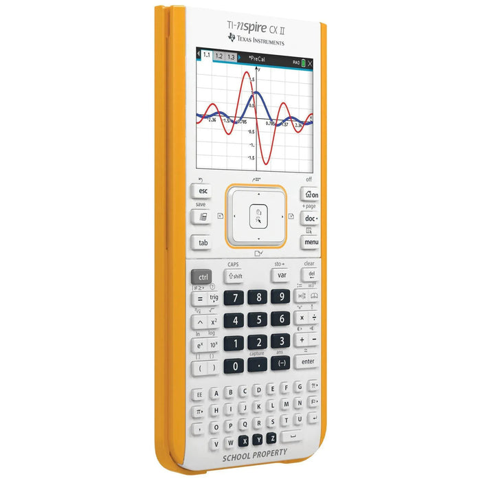 TI-Nspire CX II graphing calculator with yellow case, math graph on color display