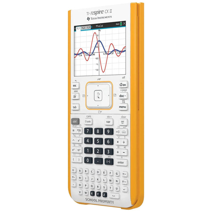 TI-Nspire CX II graphing calculator with color screen, orange case, and labeled school property