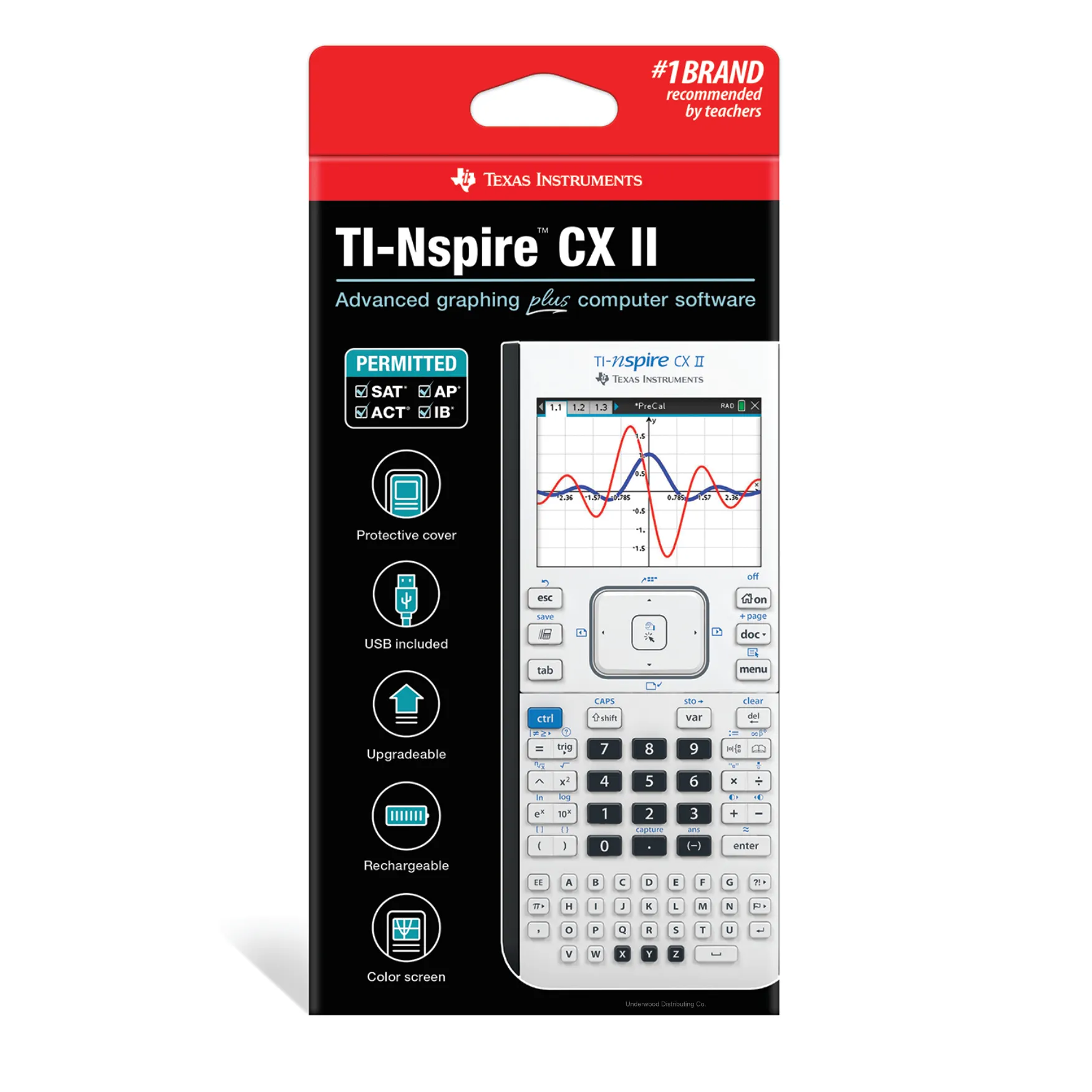TI-Nspire CX II graphing calculator in retail packaging from Underwood Distributing Co.