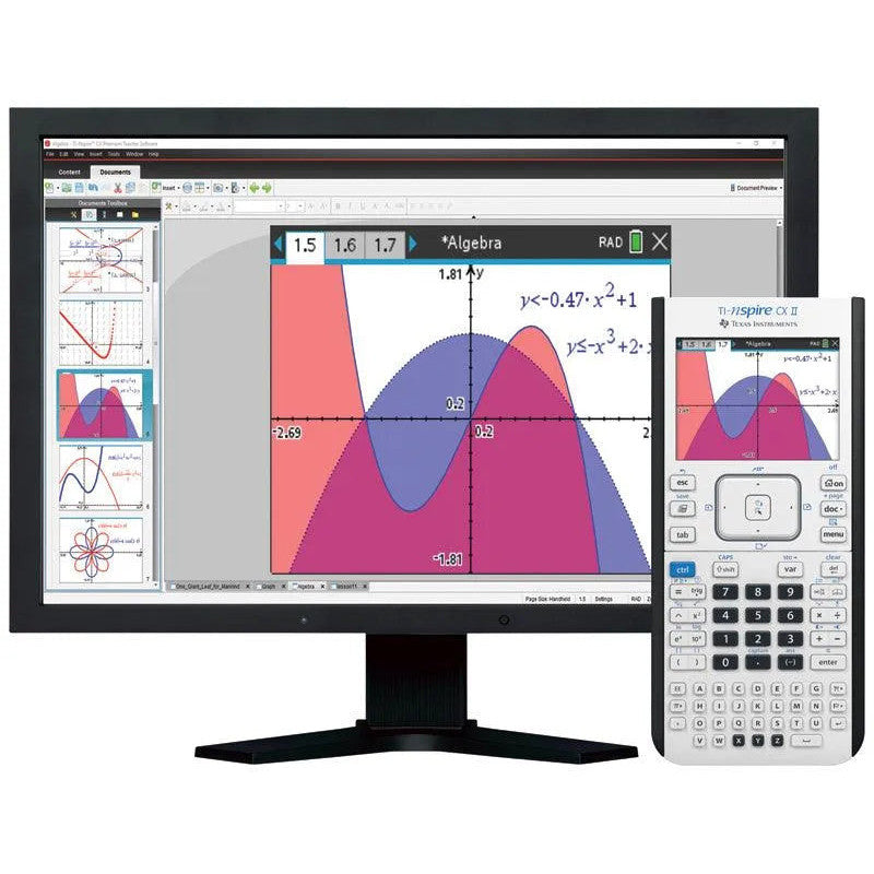 TI-Nspire CX II graphing calculator displayed with monitor showing colorful algebra graph, Underwood Distributing Co.