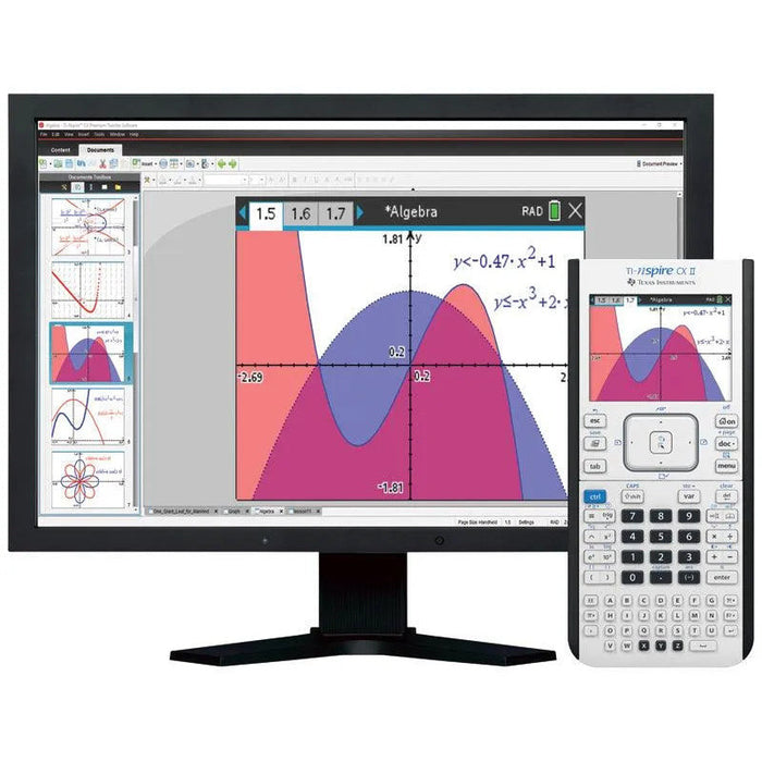 TI-Nspire CX II graphing calculator displayed with monitor showing colorful algebra graph, Underwood Distributing Co.