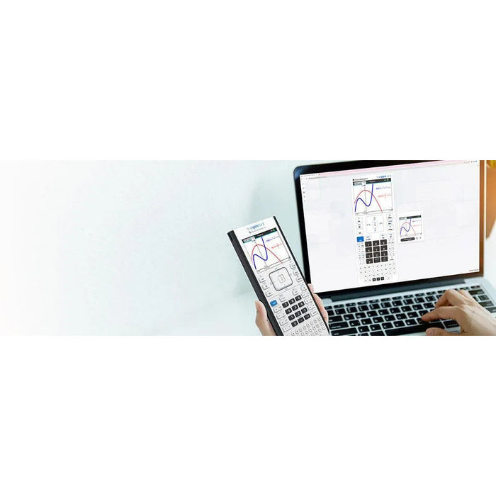 Texas Instruments TI-Nspire CX II calculator held in hand, mirrored on laptop screen, Underwood Distributing Co.