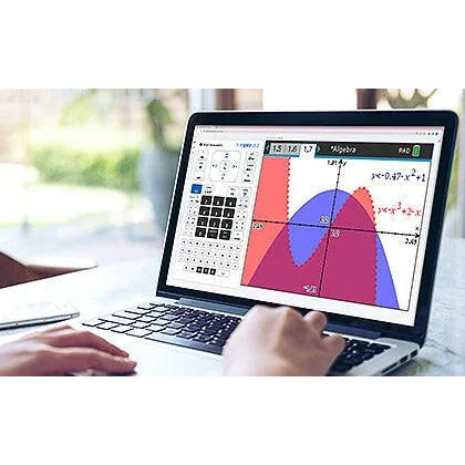 TI-Nspire CX II online calculator displaying colorful graph on laptop, Underwood Distributing Co.