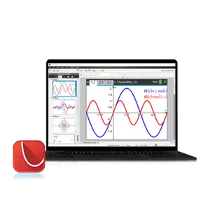 TI-Nspire CX Student Software on laptop displaying math graphs, sold by Underwood Distributing Co.