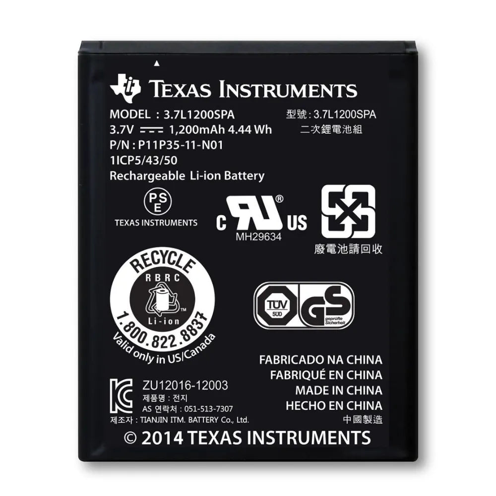 Texas Instruments rechargeable battery for TI-Nspire CX graphing calculators, front label view