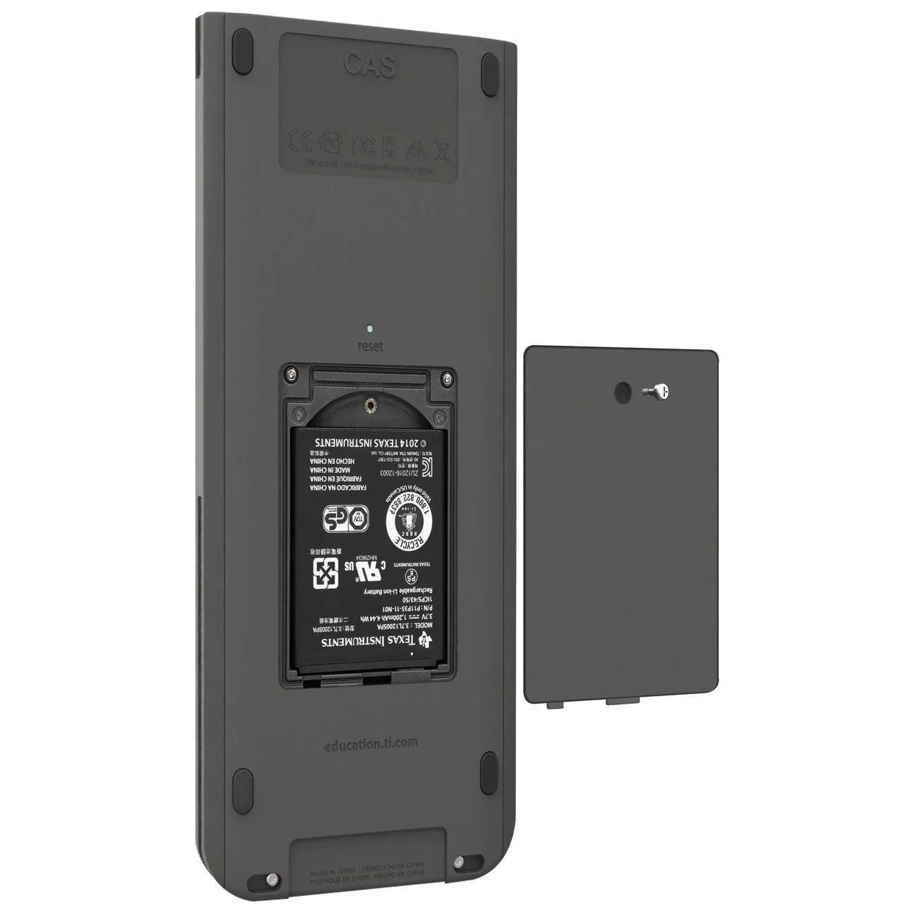 TI-Nspire CX calculator with battery compartment open showing TI rechargeable battery, Underwood Distributing Co.