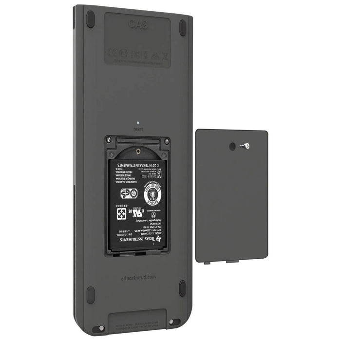 TI-Nspire CX calculator with battery compartment open showing TI rechargeable battery, Underwood Distributing Co.