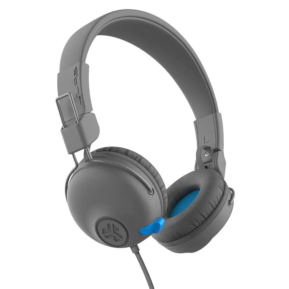 Gray JLab JBuddies Learn on-ear kids headphones with blue accents, shown on white background