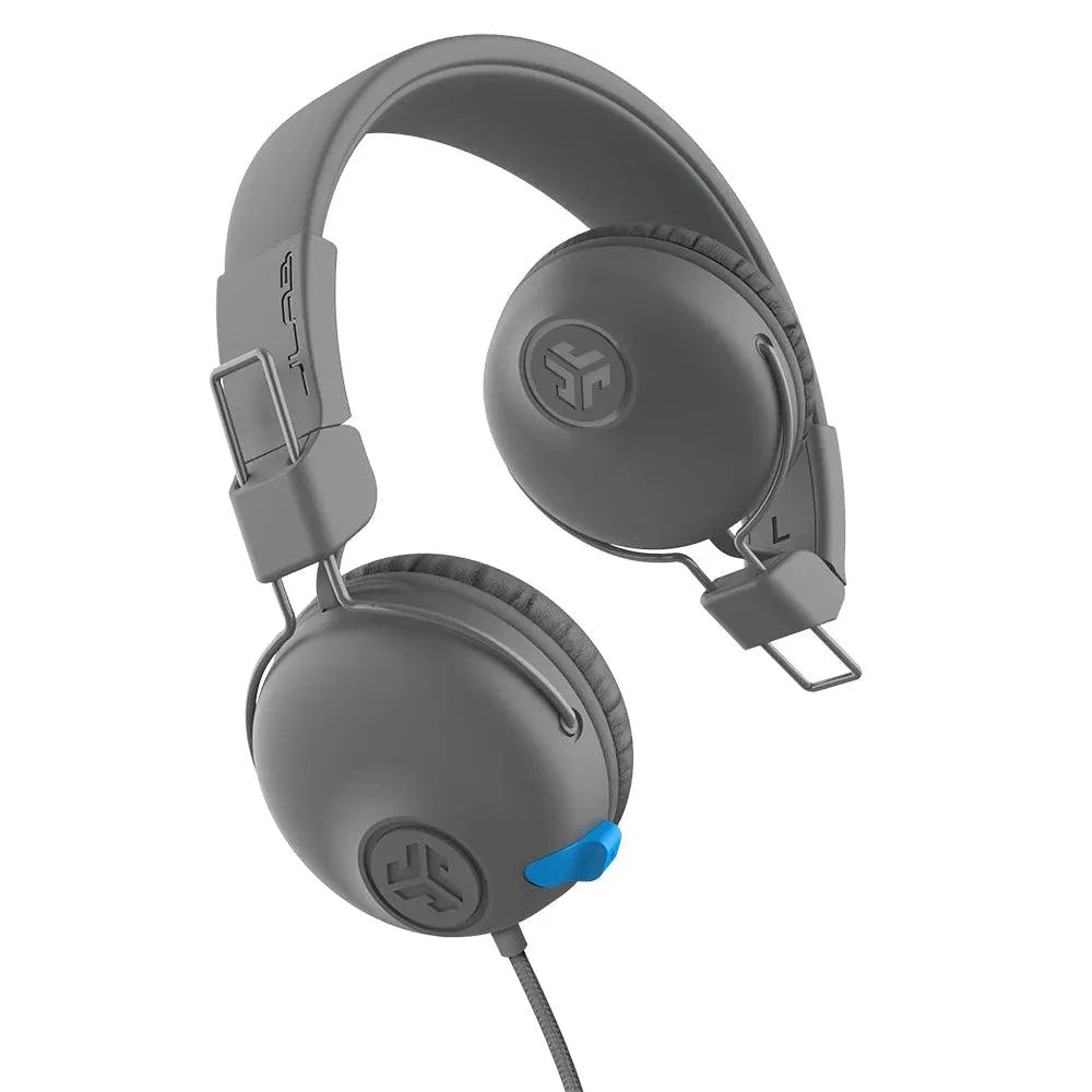 Gray JLab JBuddies Learn on-ear kids headphones with blue volume control, Underwood Distributing