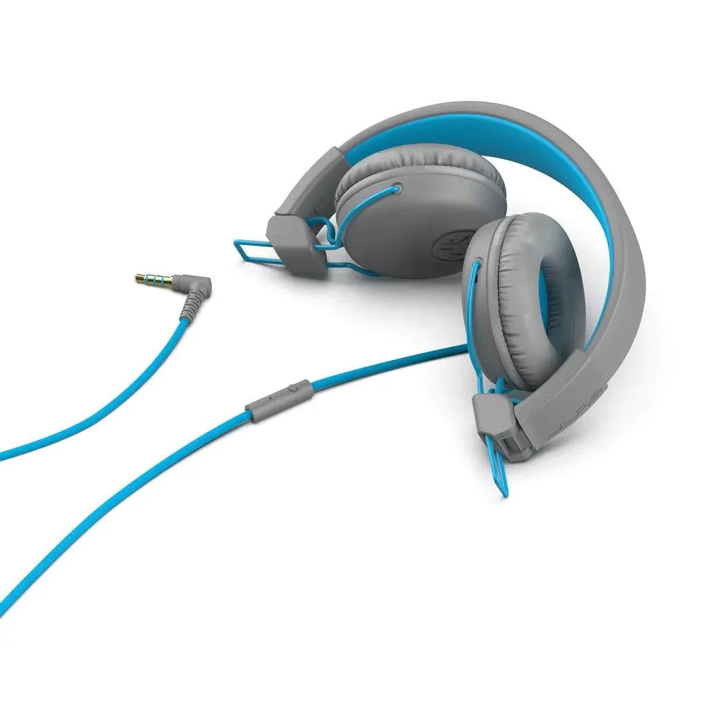 Gray and blue JLab Studio headset with 3.5mm audio jack from Underwood Distributing Co.