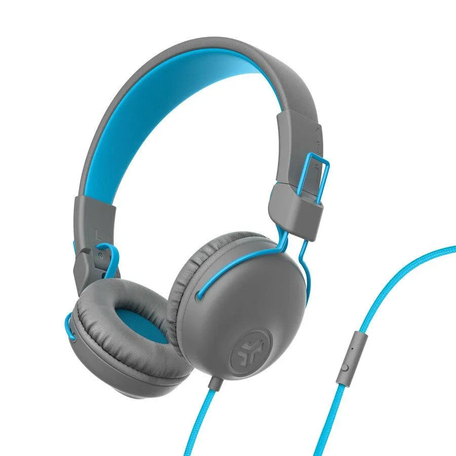 JLab Studio gray and blue wired headset with inline controls, shown on white background